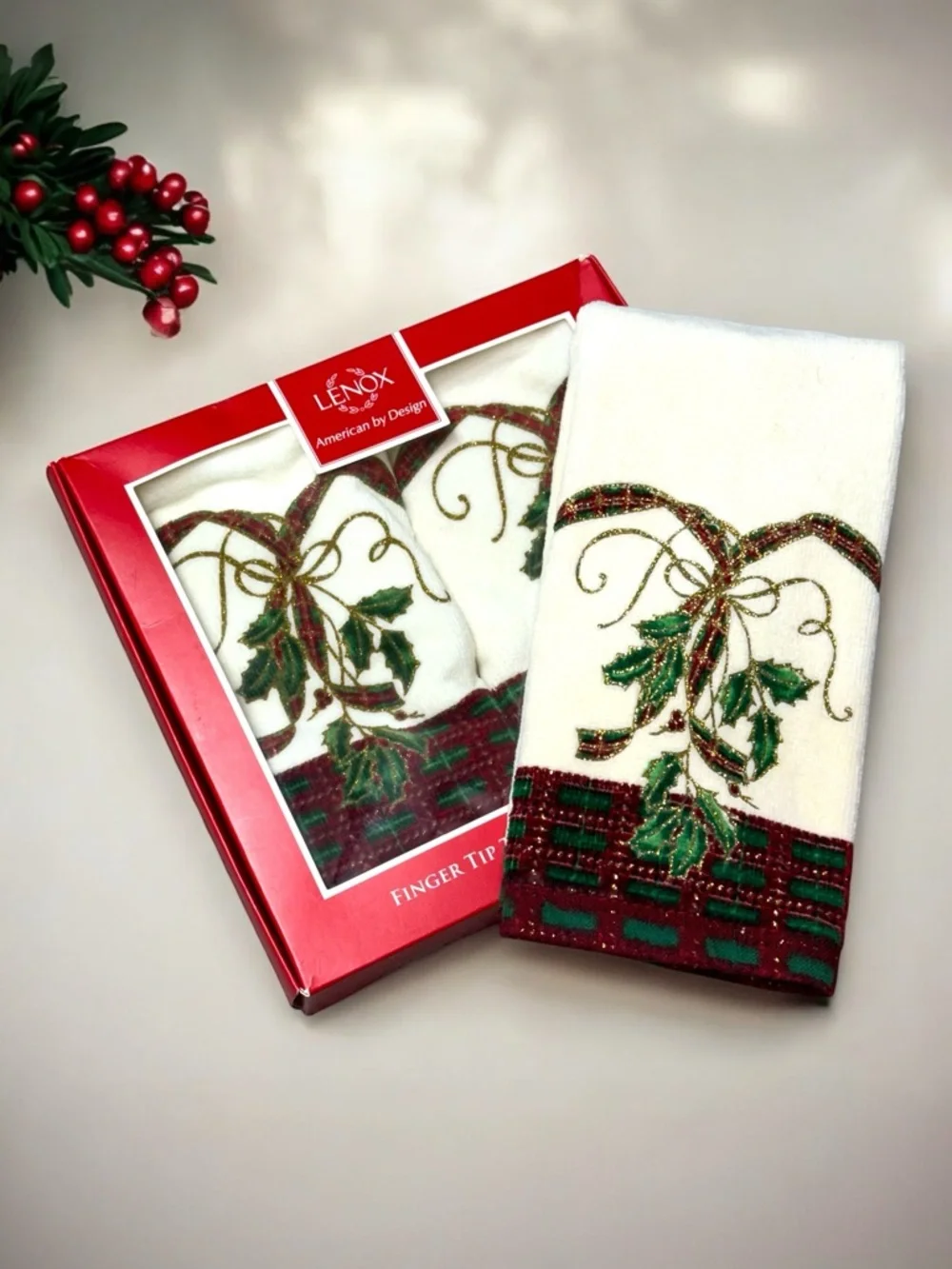 3 Lenox Christmas Hand Towels Holiday Nouveau Finger Tip Holly Tartan Plaid NWT